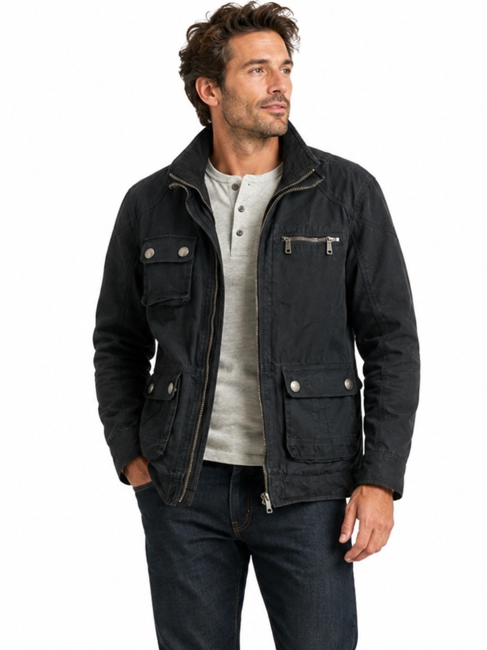 Distillery Apparel Field Utility Jacket Black Cotton Cargo Pockets Medium Casual